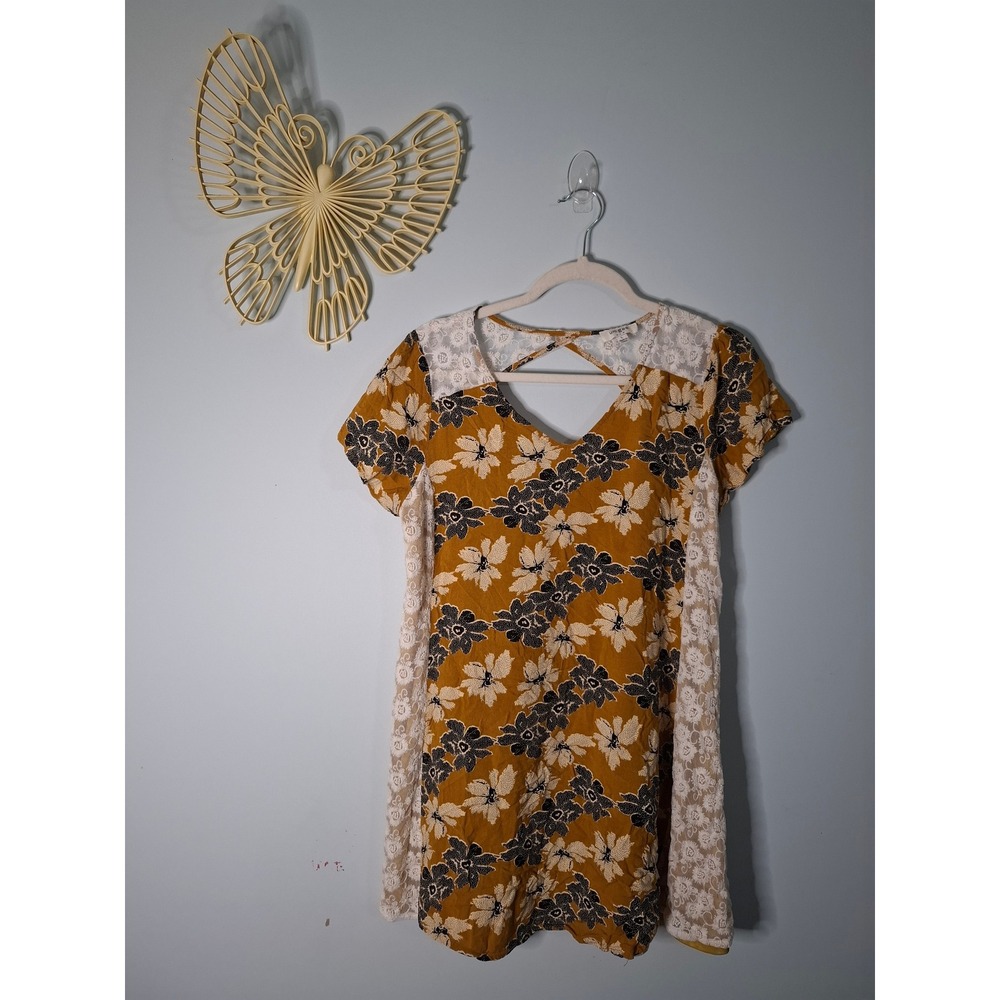 Umgee Mustard Yellow Floral Lace Panel Tunic Dress Short Sleeve Cutout Back Lrg